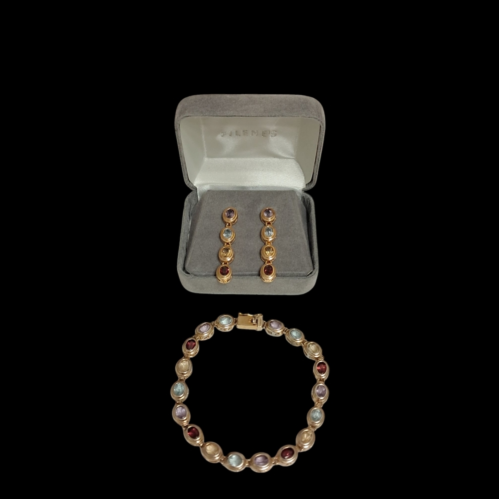 VINTAGE FILENE'S MATCHING MULTI GENUINE GEMSTONE EARINGS AND BRACELET SET - Picture 3 of 12